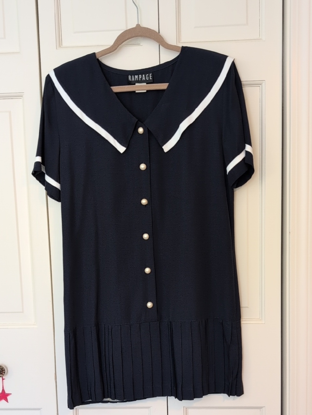 Rampage Navy Dress with White Trim and Pearl Buttons